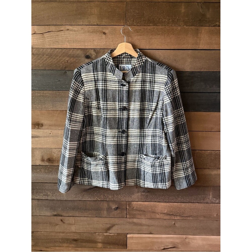 Vintage 90s Plaid Wool Blend Jacket Gray Black Cream Minimalist Coat